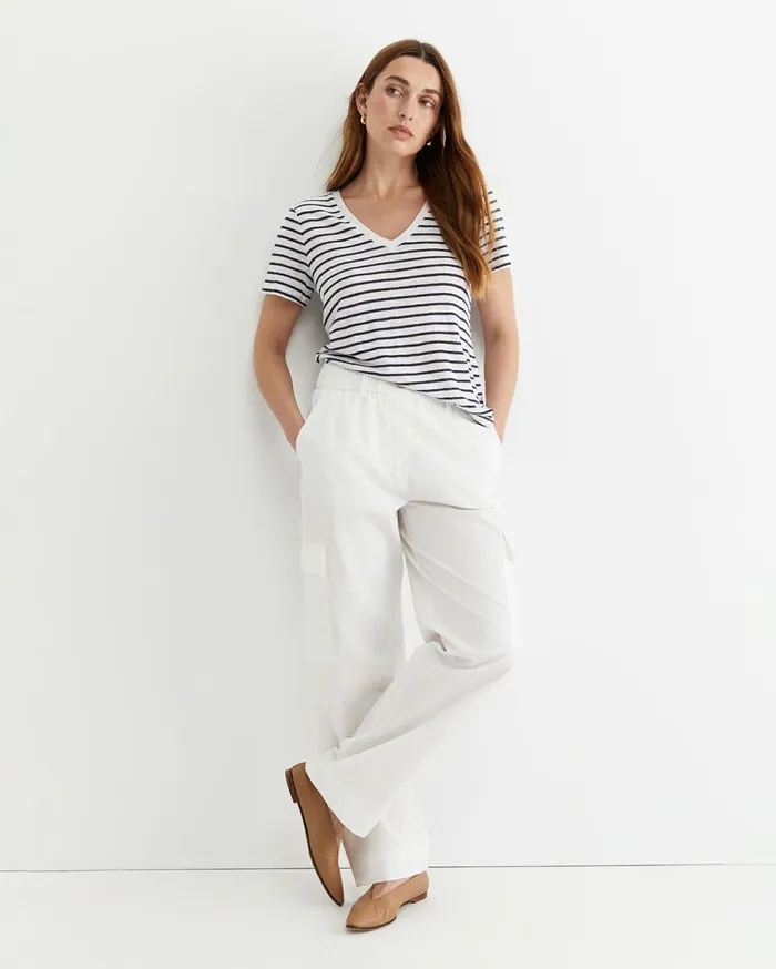 Sportscraft Tonia V Neck Linen Tee Whitenavy Women Tops and Tees