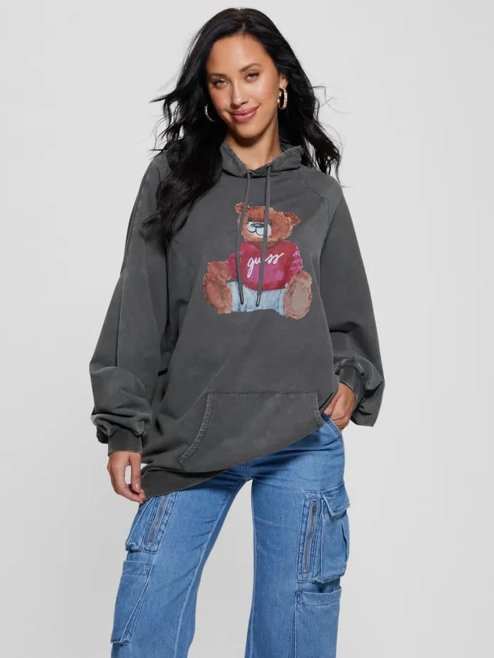 Sweaters and Knits Women Washed Oversize Hoodie Jet Black Multi GUESS