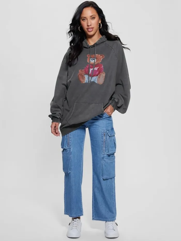 Sweaters and Knits Women Washed Oversize Hoodie Jet Black Multi GUESS