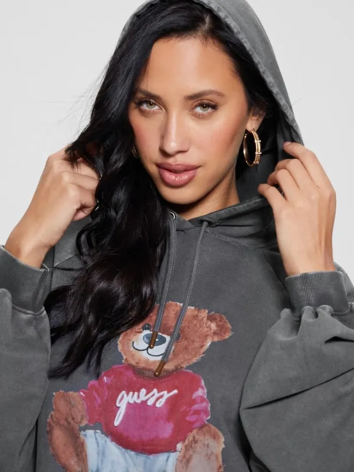 Sweaters and Knits Women Washed Oversize Hoodie Jet Black Multi GUESS