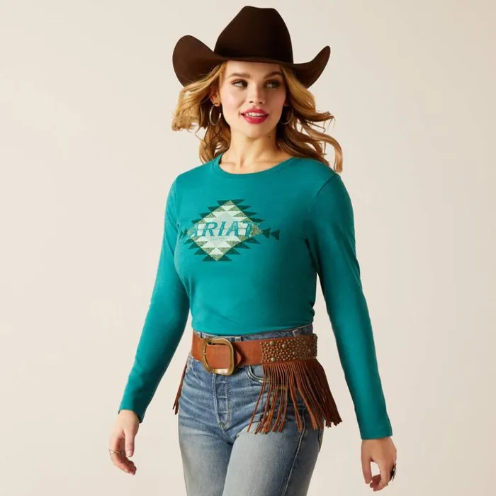 TShirts and Tops Women Ariat Ariat Southwest Logo TShirt Teal Green Heather