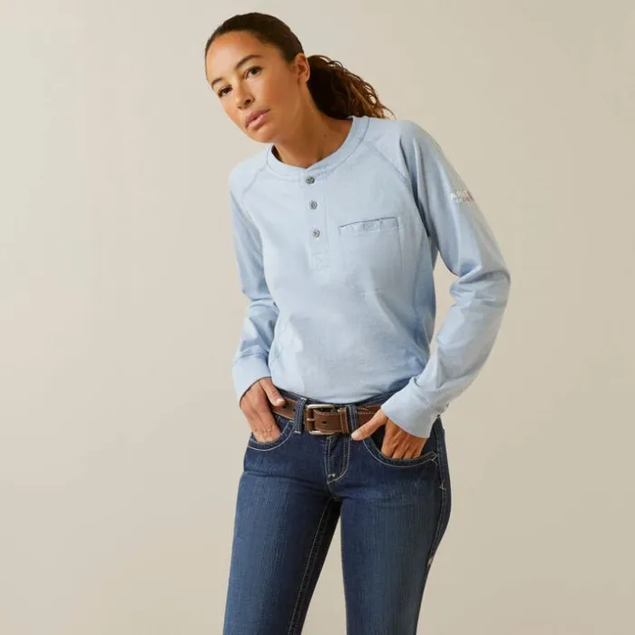 TShirts and Tops Women Ariat FR Air Henley Colony Blue Space Dye Heather