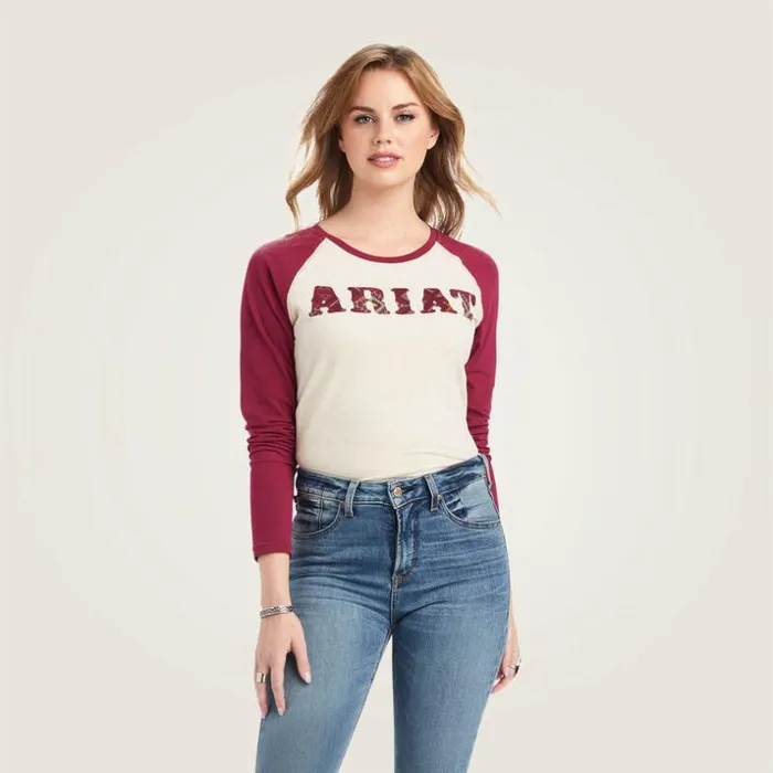 TShirts and Tops Women Ariat REAL Ariat Baseball Shirt Oatmeal Heatherbeet Red