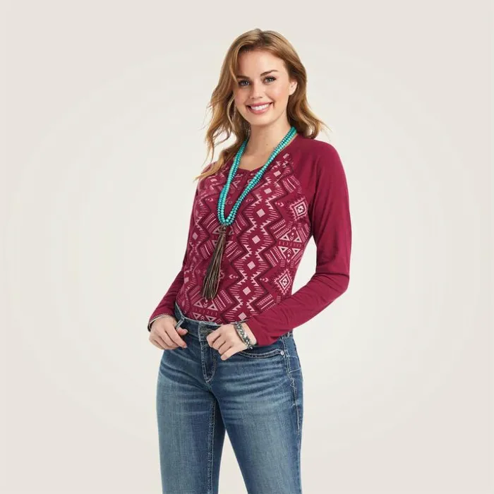 TShirts and Tops Women Ariat REAL Printed Henley Shirt Maze Multibeet Red