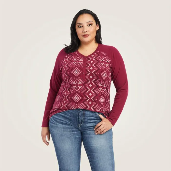 TShirts and Tops Women Ariat REAL Printed Henley Shirt Maze Multibeet Red