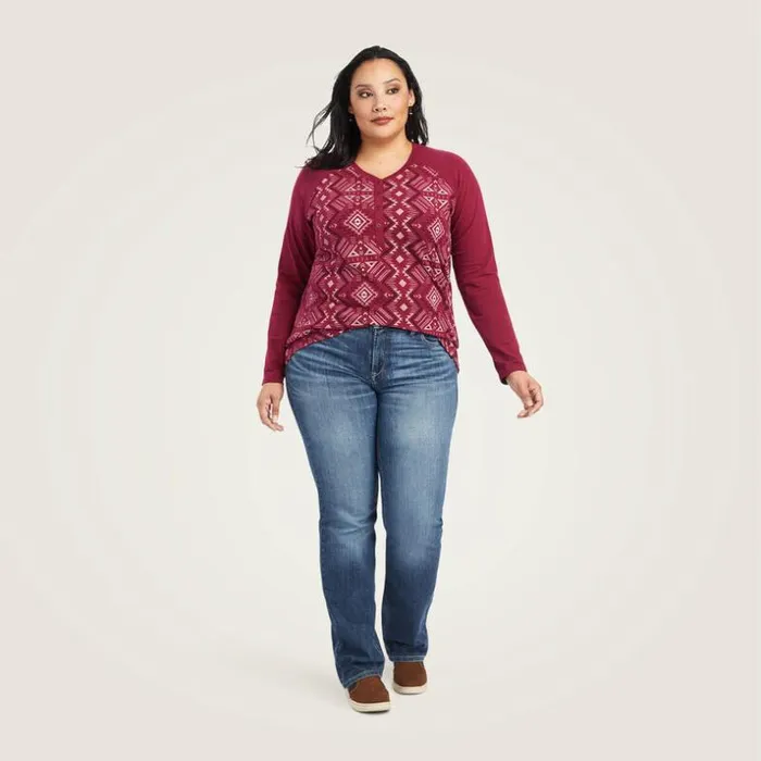 TShirts and Tops Women Ariat REAL Printed Henley Shirt Maze Multibeet Red