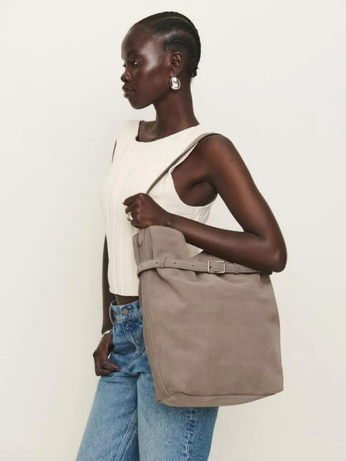 The Reformation Alessandra Bucket Bag Taupe Suede 8211 Bags