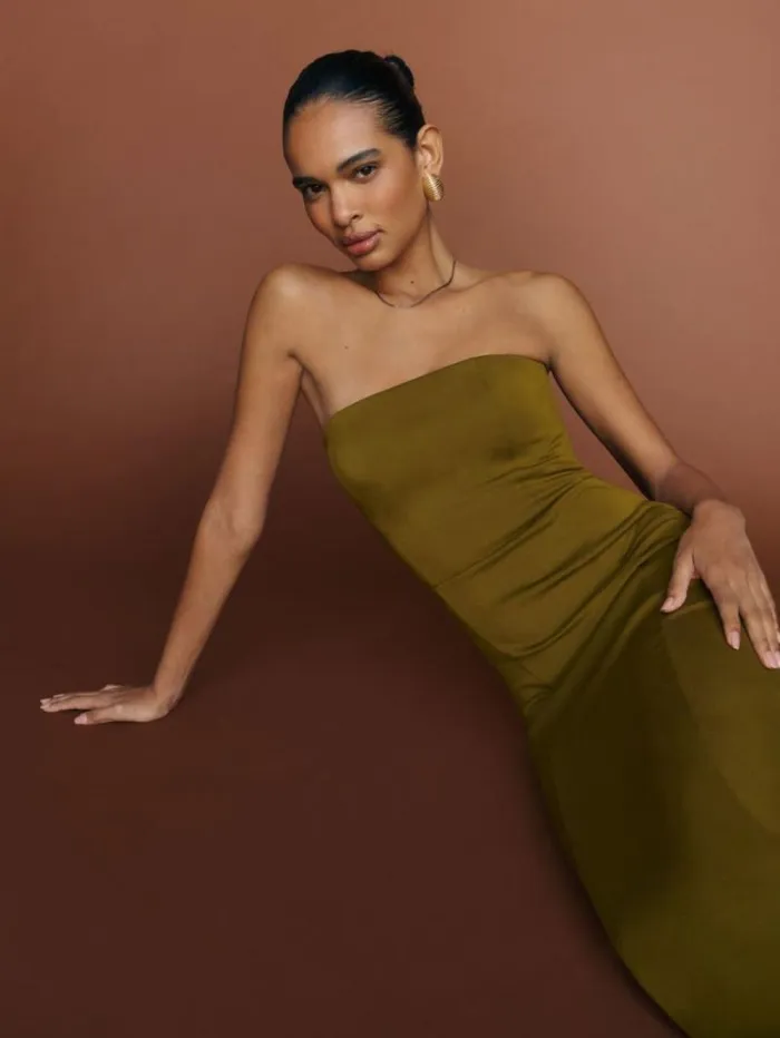 The Reformation Amber Knit Dress Kalamata Olive 8211 ClothingWeddings