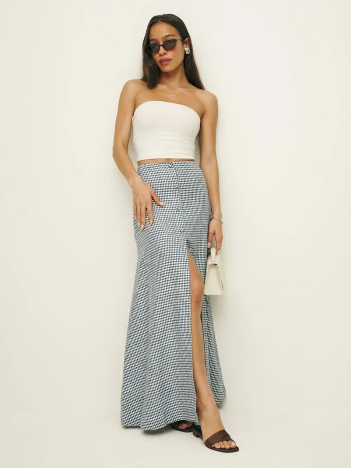 The Reformation Andi Low Rise Linen Maxi Skirt Slate Check 8211 Clothing