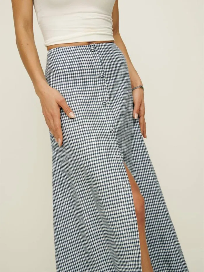 The Reformation Andi Low Rise Linen Maxi Skirt Slate Check 8211 Clothing