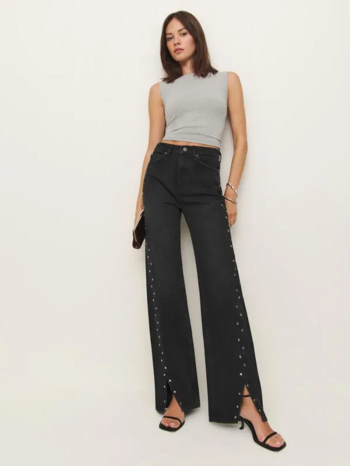 The Reformation Cary High Rise Slouchy Straight Leg Jeans Vana Vented Studded 8211 Clothing