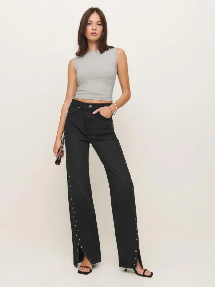 The Reformation Cary High Rise Slouchy Straight Leg Jeans Vana Vented Studded 8211 Clothing