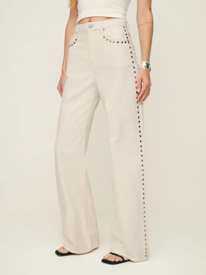 The Reformation Cary High Rise Slouchy Wide Leg Jeans Fior Di Latte Studded 8211 Clothing The Reformation Cary High Rise Slouchy Wide Leg Jeans Fior Di Latte Studded 8211 Clothing