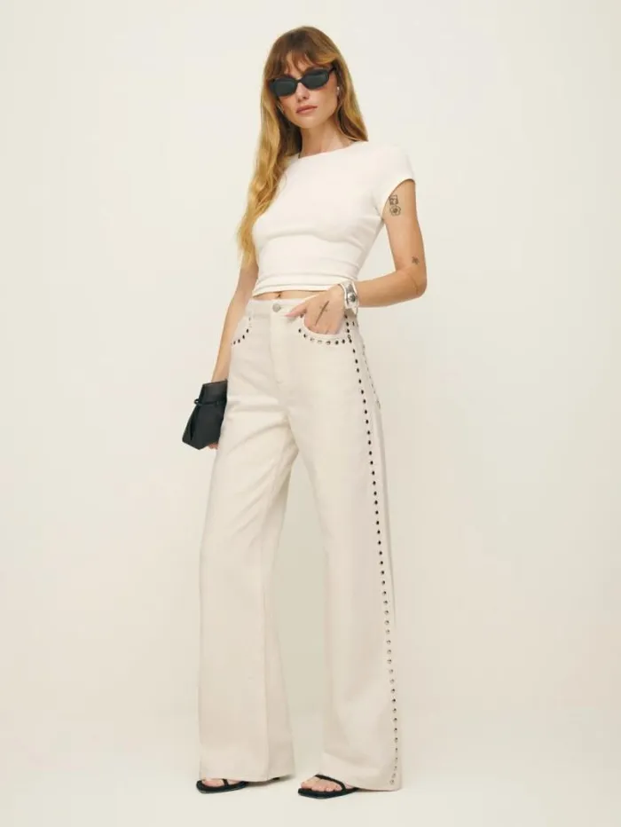 The Reformation Cary High Rise Slouchy Wide Leg Jeans Fior Di Latte Studded 8211 Clothing