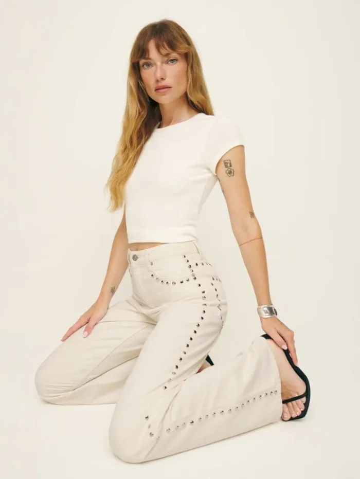 The Reformation Cary High Rise Slouchy Wide Leg Jeans Fior Di Latte Studded 8211 Clothing