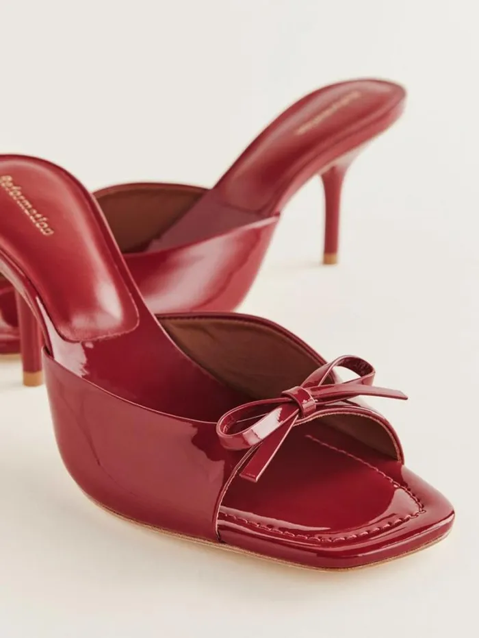The Reformation Clementine Heeled Mule Sandal Scarlet Patent 8211 WeddingsShoes