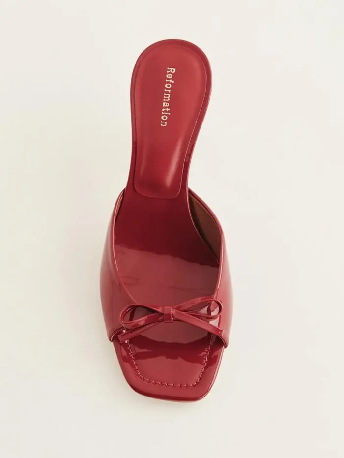 The Reformation Clementine Heeled Mule Sandal Scarlet Patent 8211 WeddingsShoes