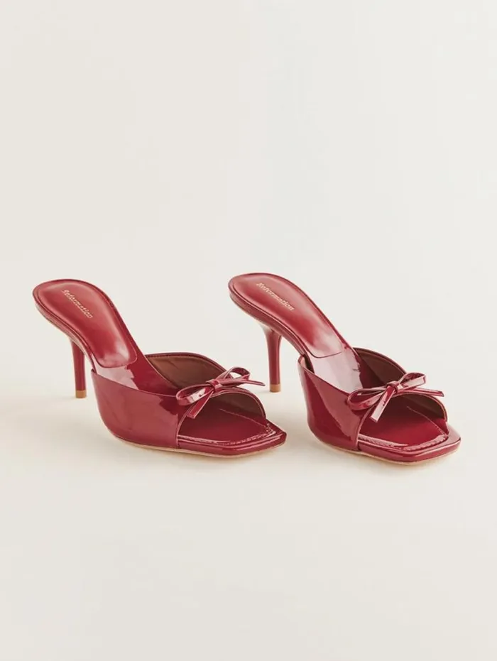 The Reformation Clementine Heeled Mule Sandal Scarlet Patent 8211 WeddingsShoes