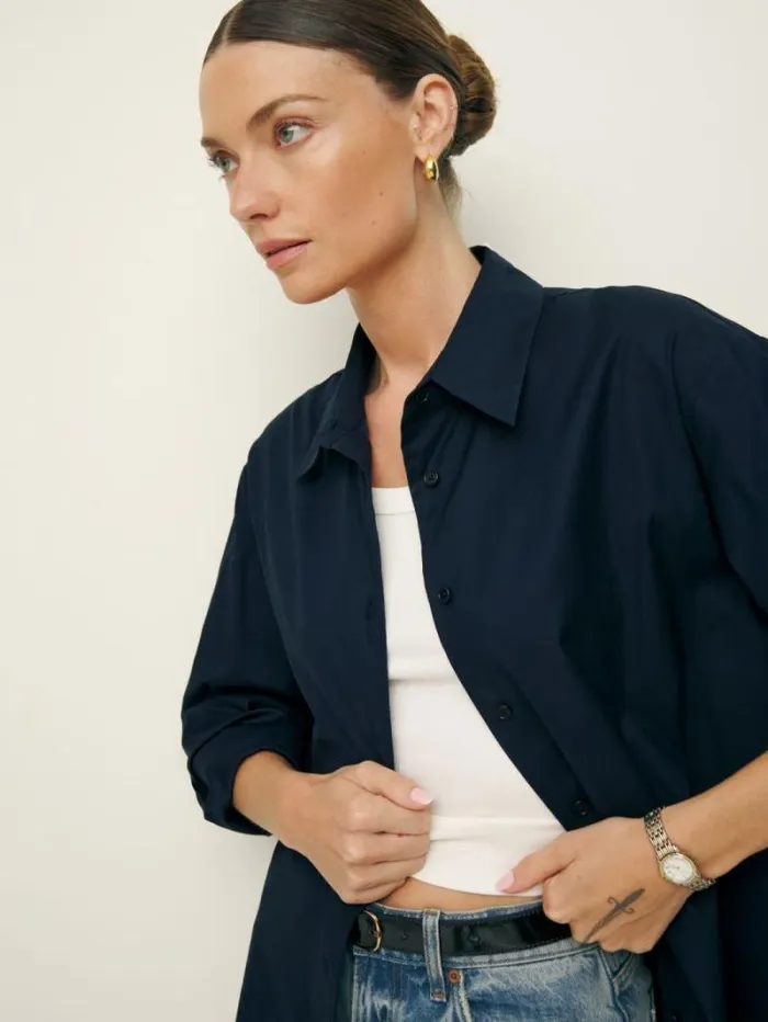 The Reformation Collins Shirt Navy 8211 Clothing