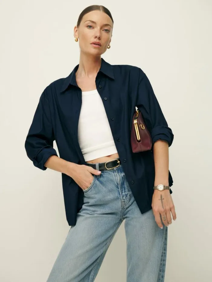 The Reformation Collins Shirt Navy 8211 Clothing
