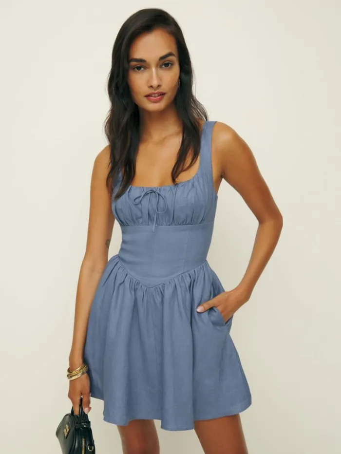 The Reformation Daria Linen Dress Cornflower 8211 Clothing