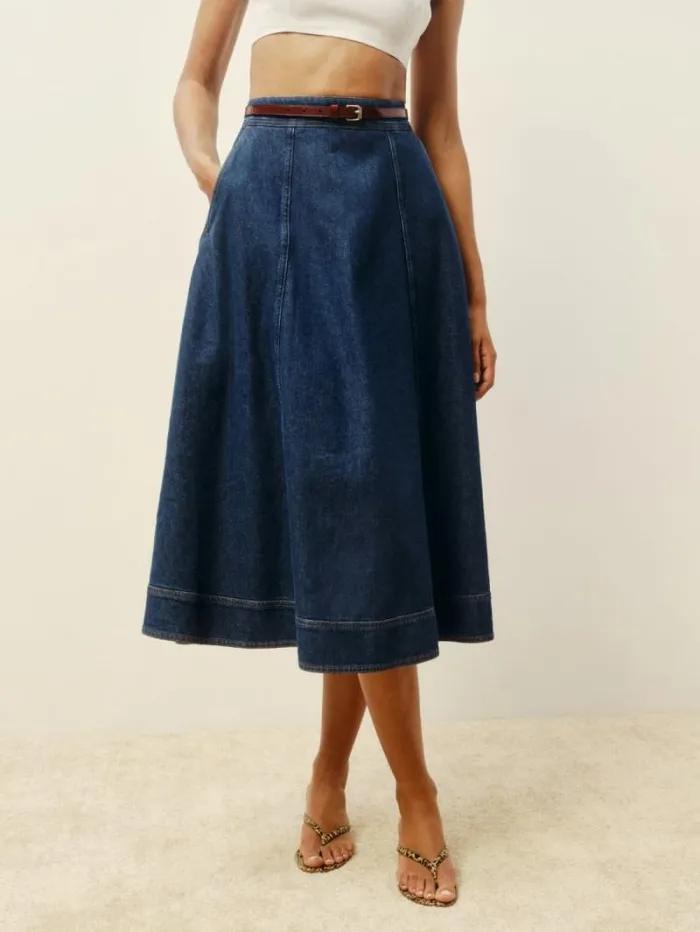The Reformation Delilah Denim Midi Skirt Roosevelt 8211 Clothing