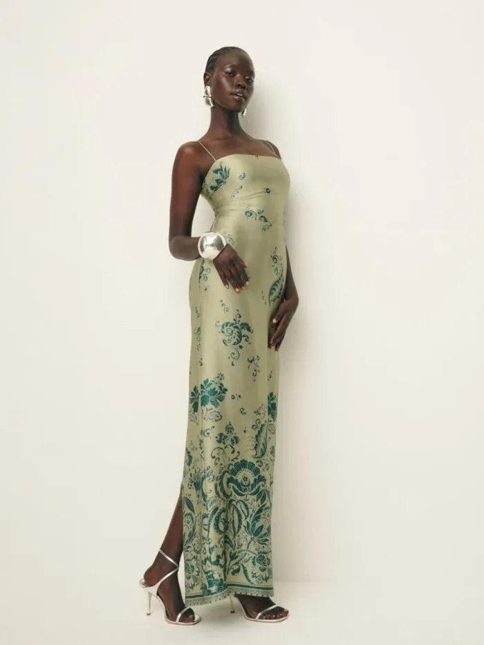 The Reformation Frankie Silk Dress Sage Border 8211 ClothingWeddings