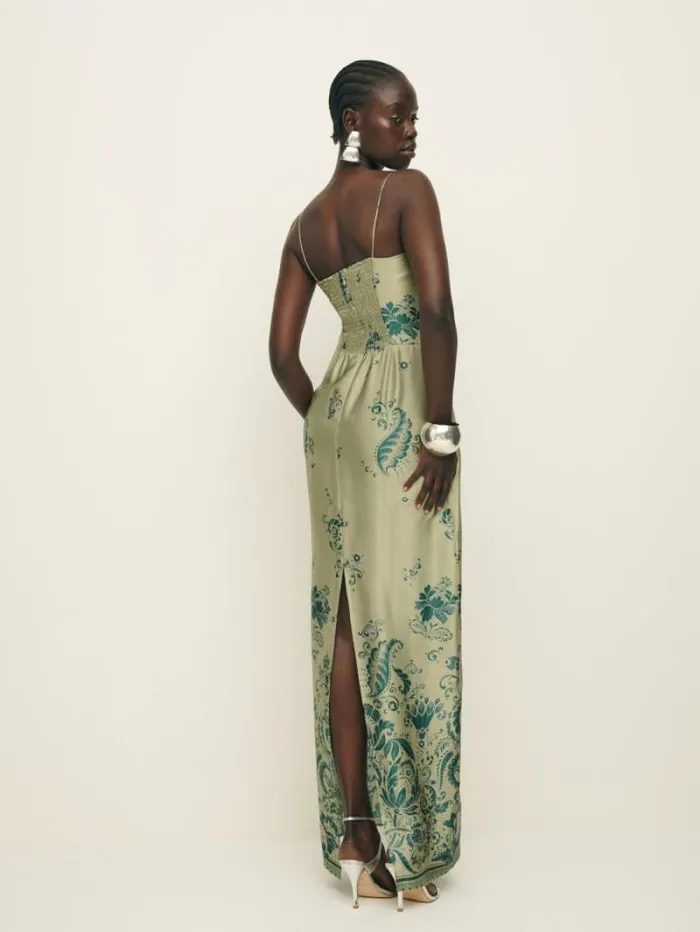 The Reformation Frankie Silk Dress Sage Border 8211 ClothingWeddings