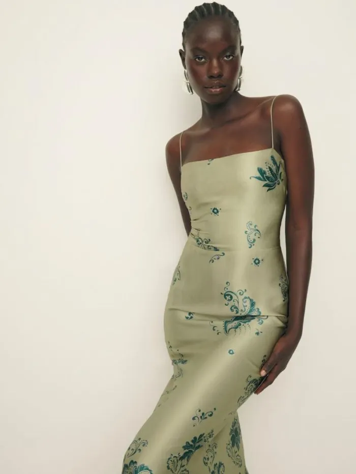 The Reformation Frankie Silk Dress Sage Border 8211 ClothingWeddings