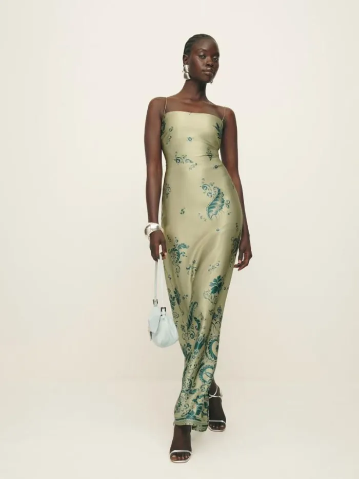 The Reformation Frankie Silk Dress Sage Border 8211 ClothingWeddings