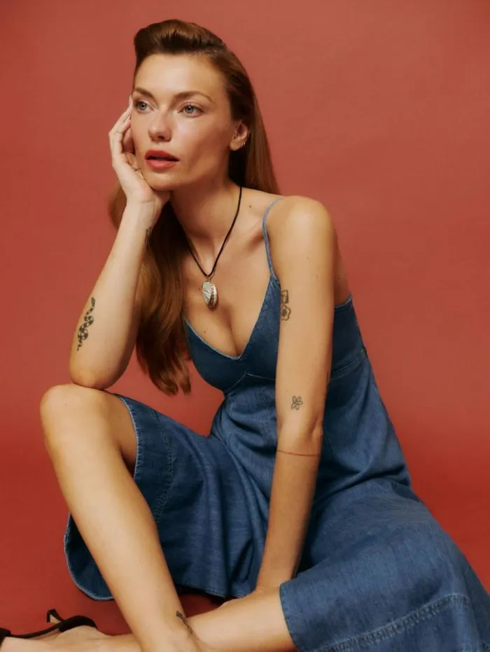 The Reformation Gabriella Denim Midi Dress Tana 8211 Clothing