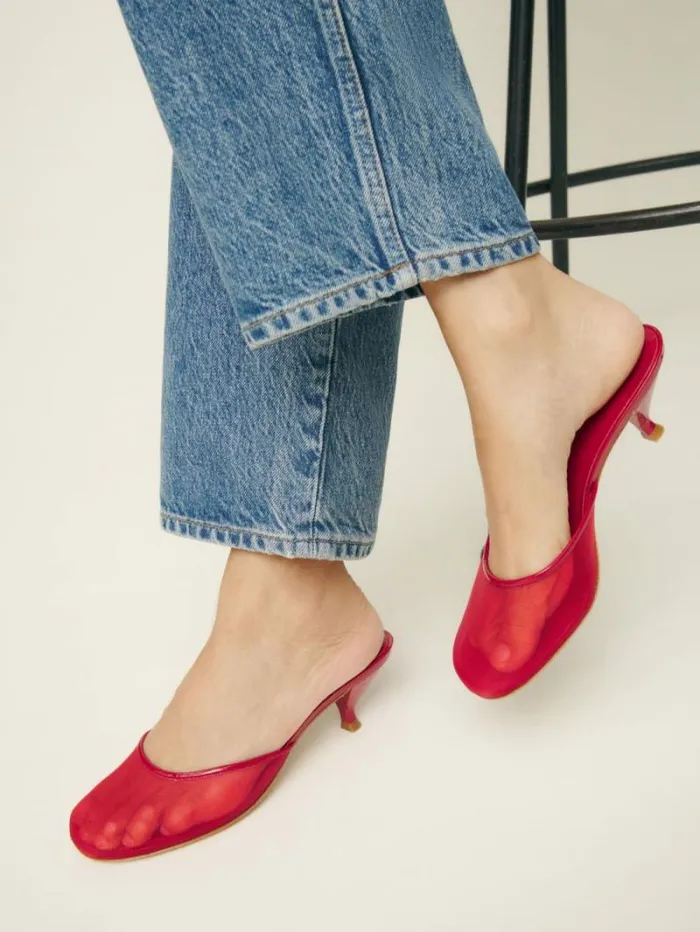 The Reformation Kalinka Heeled Mule Lipstick Mesh 8211 Shoes
