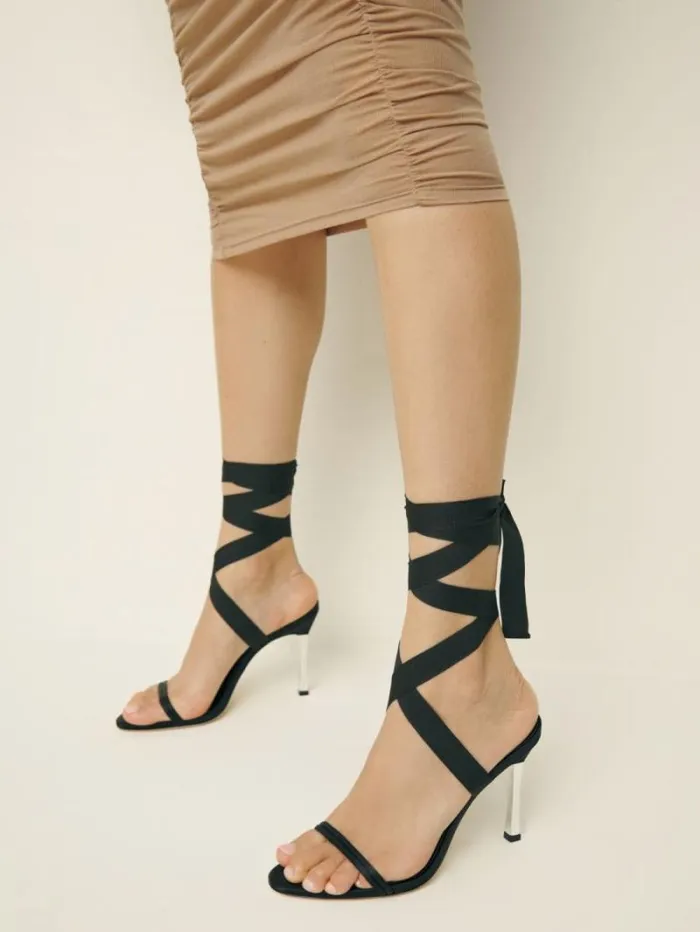 The Reformation Louisada Strappy Sandal Black Satin 8211 WeddingsShoes