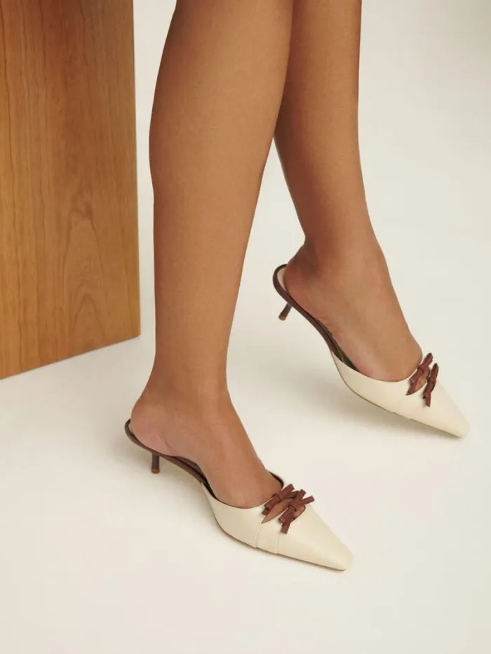 The Reformation Nelson Heeled Mule Almond Walnut 8211 WeddingsShoes