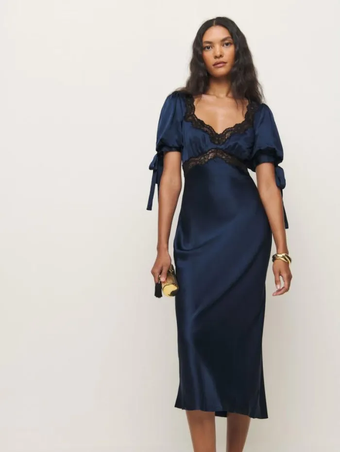 The Reformation Petites Stella Silk Dress Navy 8211 Clothing