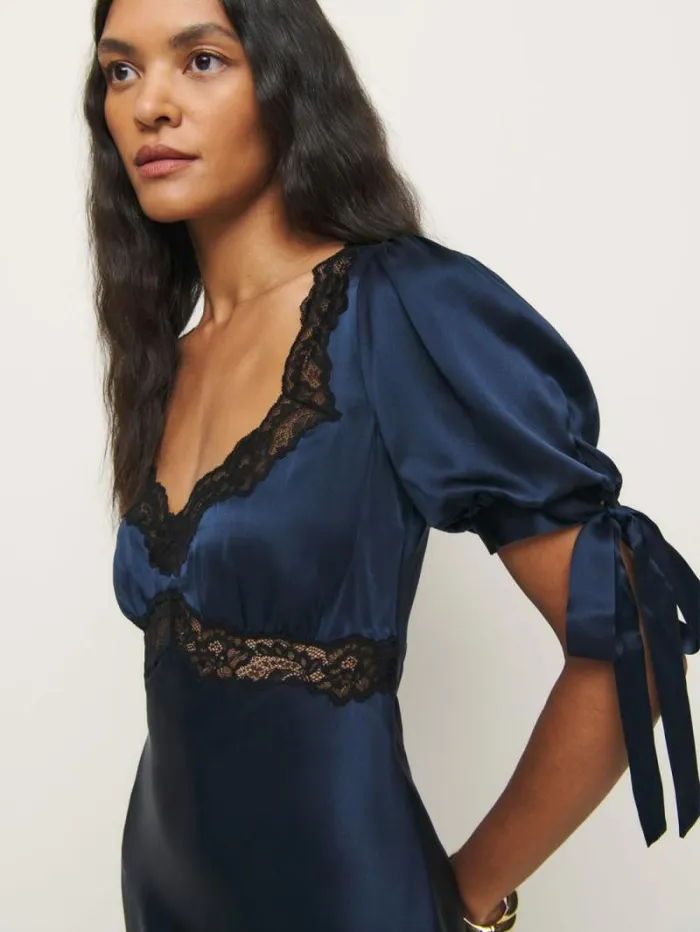 The Reformation Petites Stella Silk Dress Navy 8211 Clothing