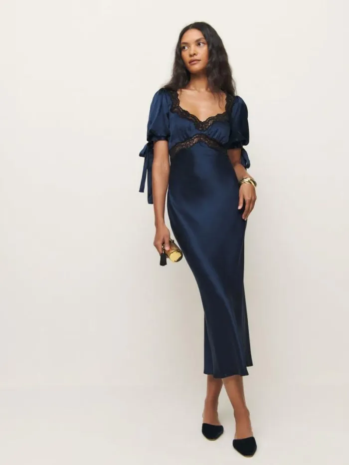 The Reformation Petites Stella Silk Dress Navy 8211 Clothing