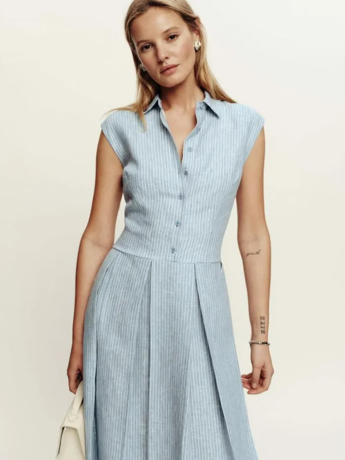 The Reformation Prim Linen Dress Cornflower Stripe 8211 Clothing