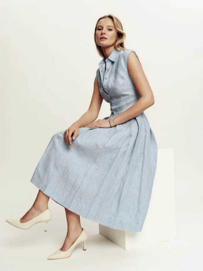 The Reformation Prim Linen Dress Cornflower Stripe 8211 Clothing