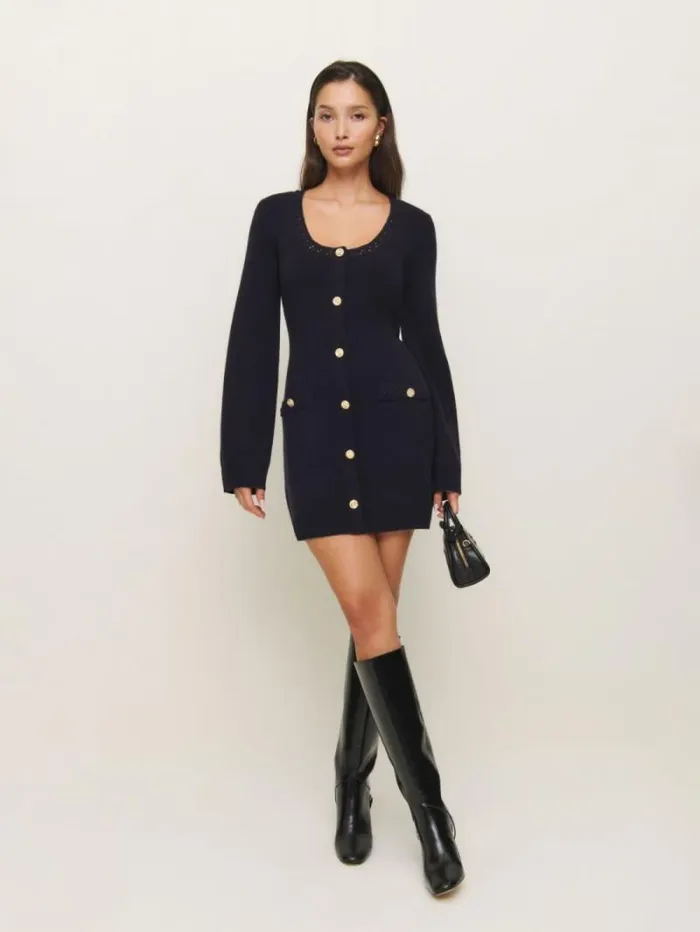 The Reformation Priscilla Regenerative Wool Mini Dress Navy 8211 Clothing
