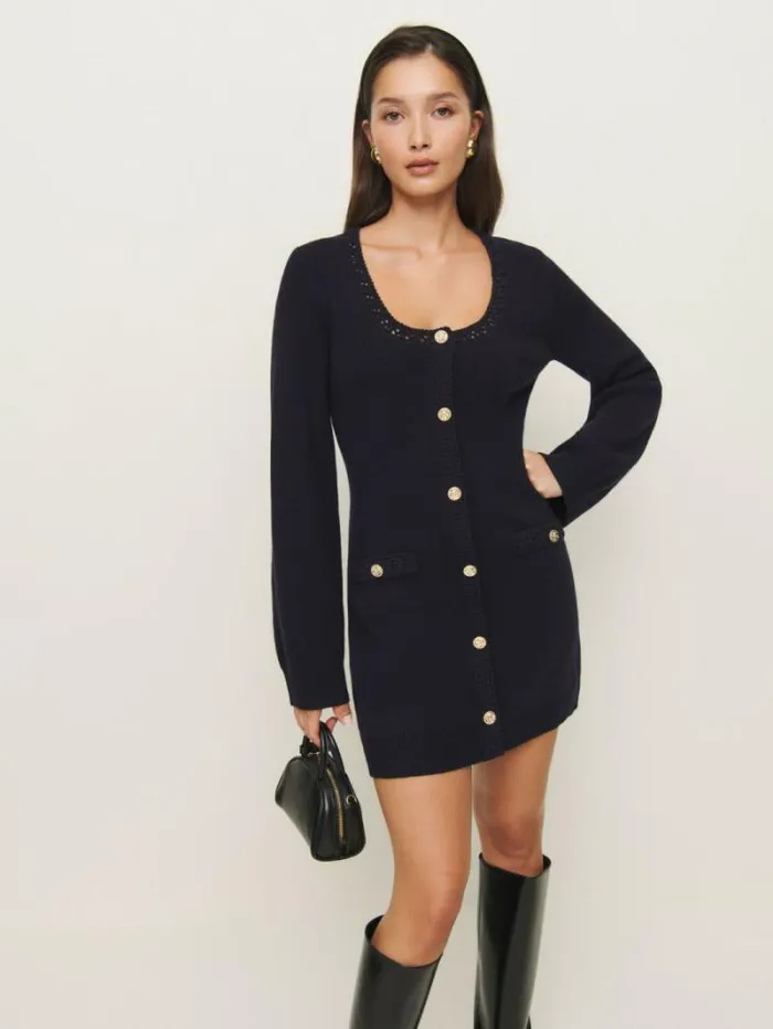 The Reformation Priscilla Regenerative Wool Mini Dress Navy 8211 Clothing