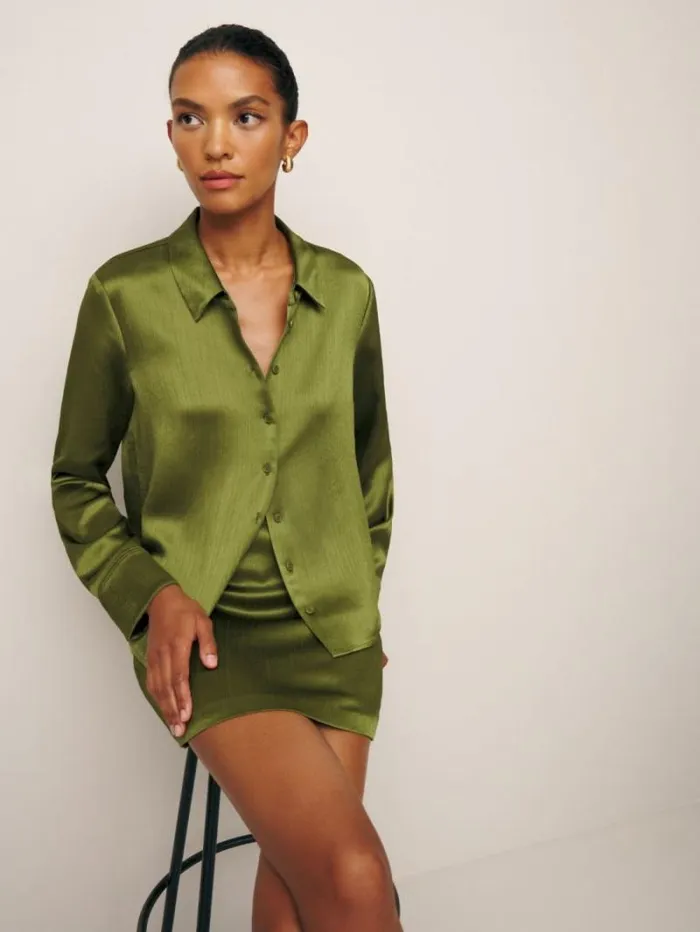 The Reformation Sky Relaxed Satin Top Pear Crinkle 8211 Clothing