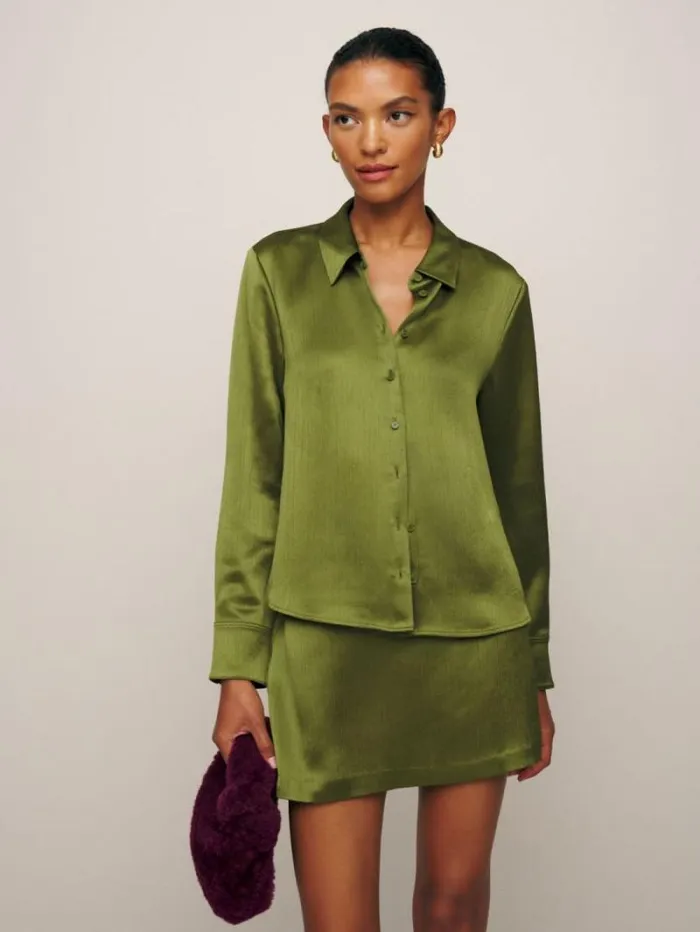 The Reformation Sky Relaxed Satin Top Pear Crinkle 8211 Clothing