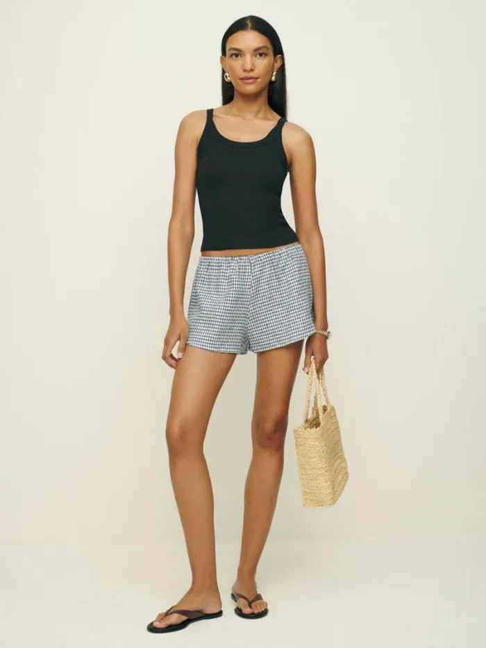 The Reformation Tillie Linen Short Slate Check 8211 Clothing