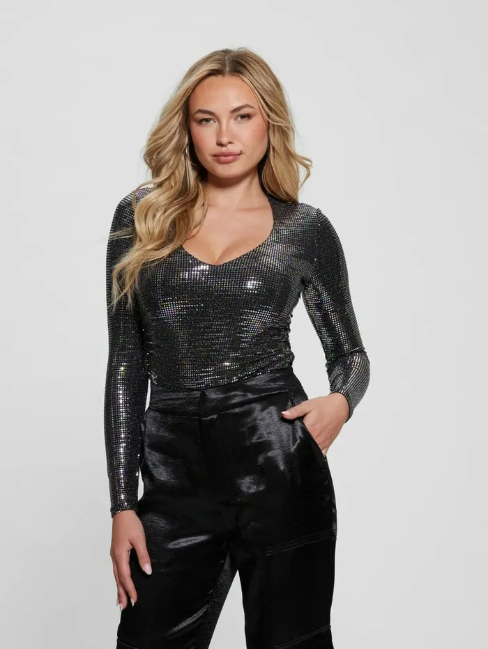 Tops Camille VNeck Bodysuit Oil Slick Multi GUESS Women Tops Camille VNeck Bodysuit Oil Slick Multi GUESS Women