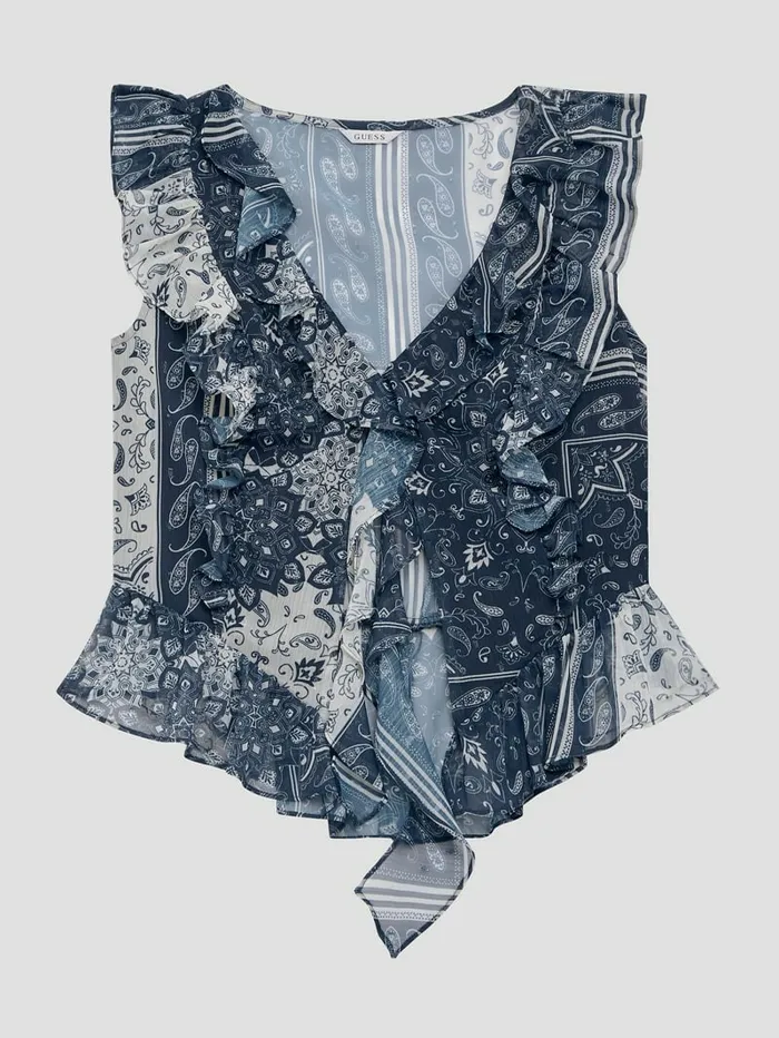 Tops Eco Rossella Ruffled Top Sashiko Bandana Print 8211 GUESS Women