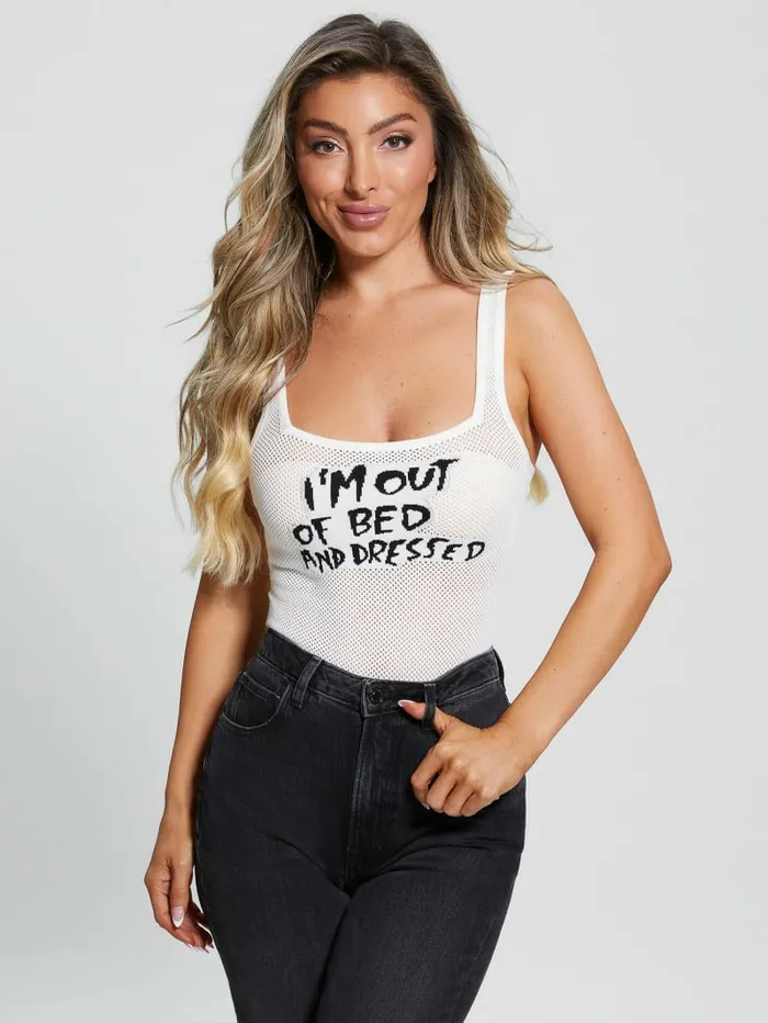Tops Eco Sleeveless Slogan Bodysuit Dove White Multi GUESS Women