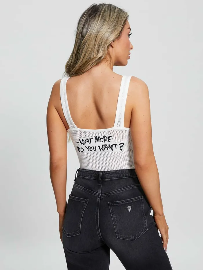 Tops Eco Sleeveless Slogan Bodysuit Dove White Multi GUESS Women