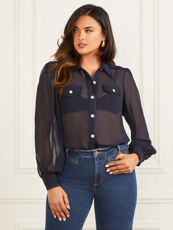Tops Emily Sheer Shirt Galaxy Blue GUESS Women Tops Emily Sheer Shirt Galaxy Blue GUESS Women