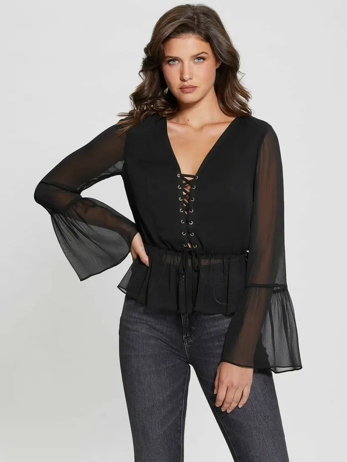 Tops Women Eco Demi LaceUp Top Black GUESS